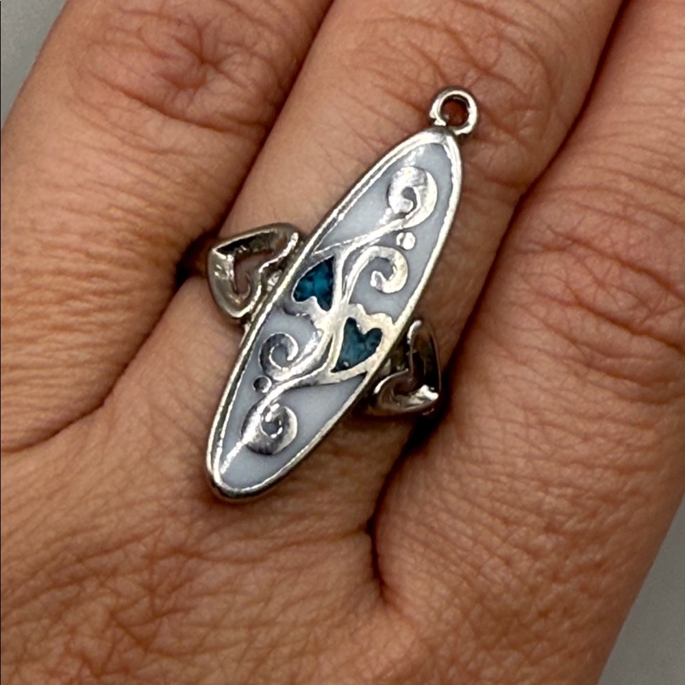 Vintage Southwestern Silver Tone White Blue Heart Cocktail Statement Ring 8.5